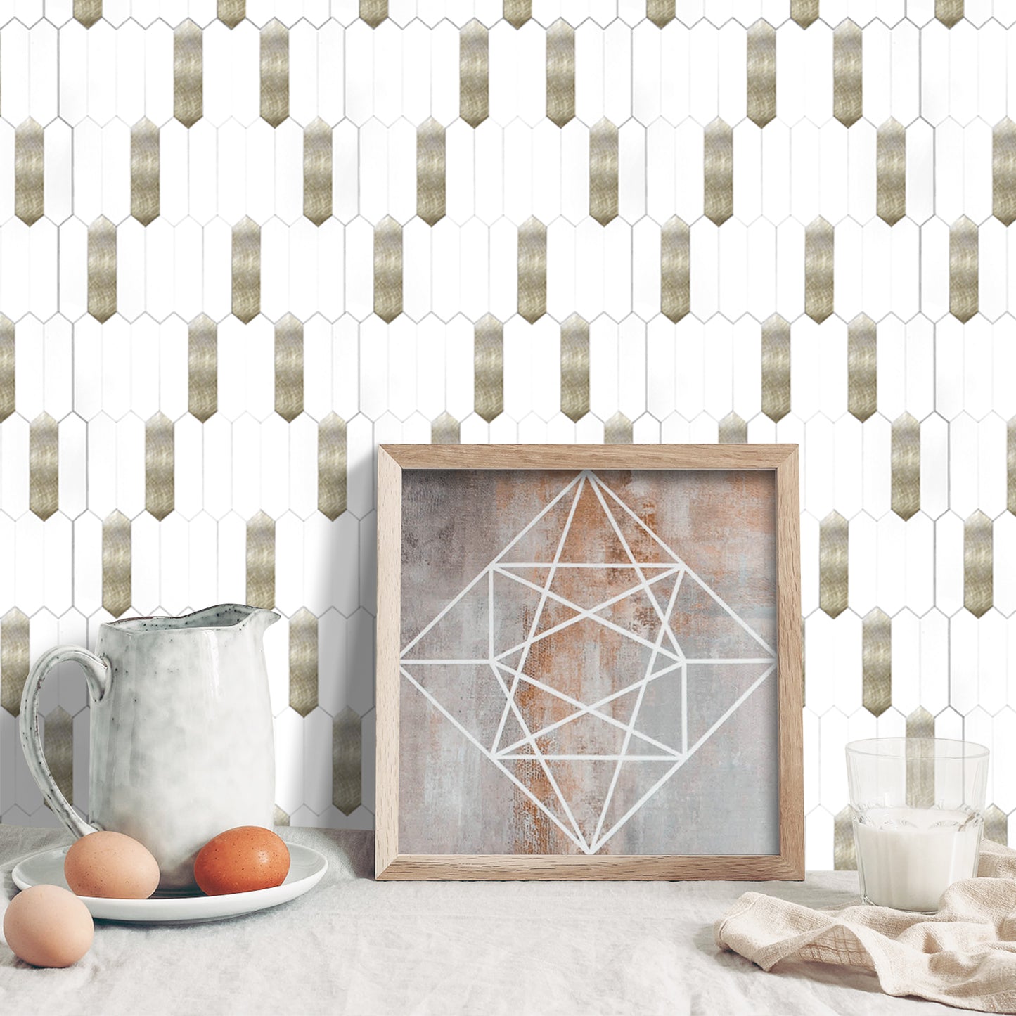 WJX-684 Luxus+++: luxuriöse und selbstklebende Küchenrückwand (Hochglanz Weiss- Gold 31cm x30cm x4mm) neues Modell 2025