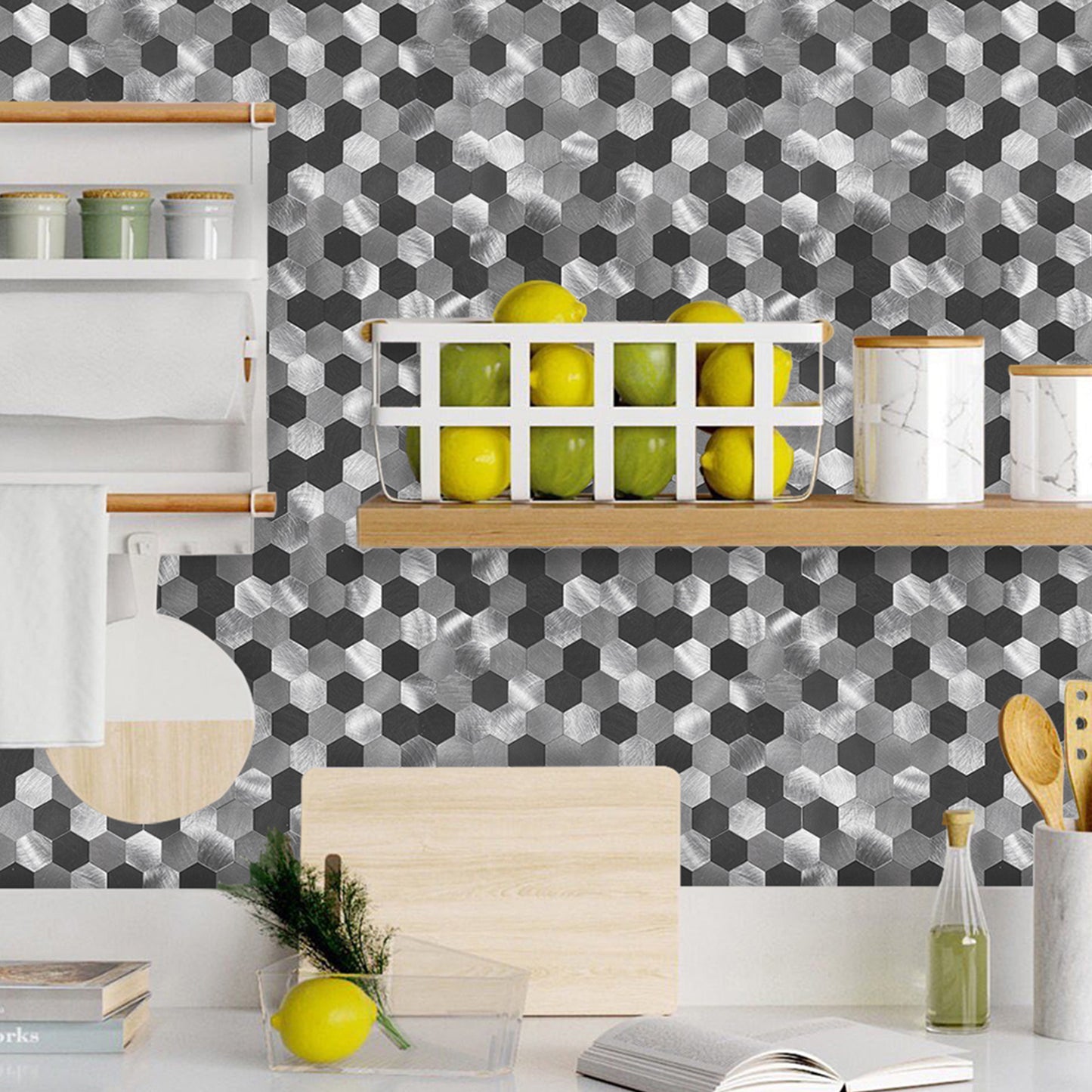 WJS-23 Luxus+++: luxuriöse und selbstklebende Küchenrückwand (Schwarz-Silber,29cm x29.5cm x4mm) neues Modell 2025