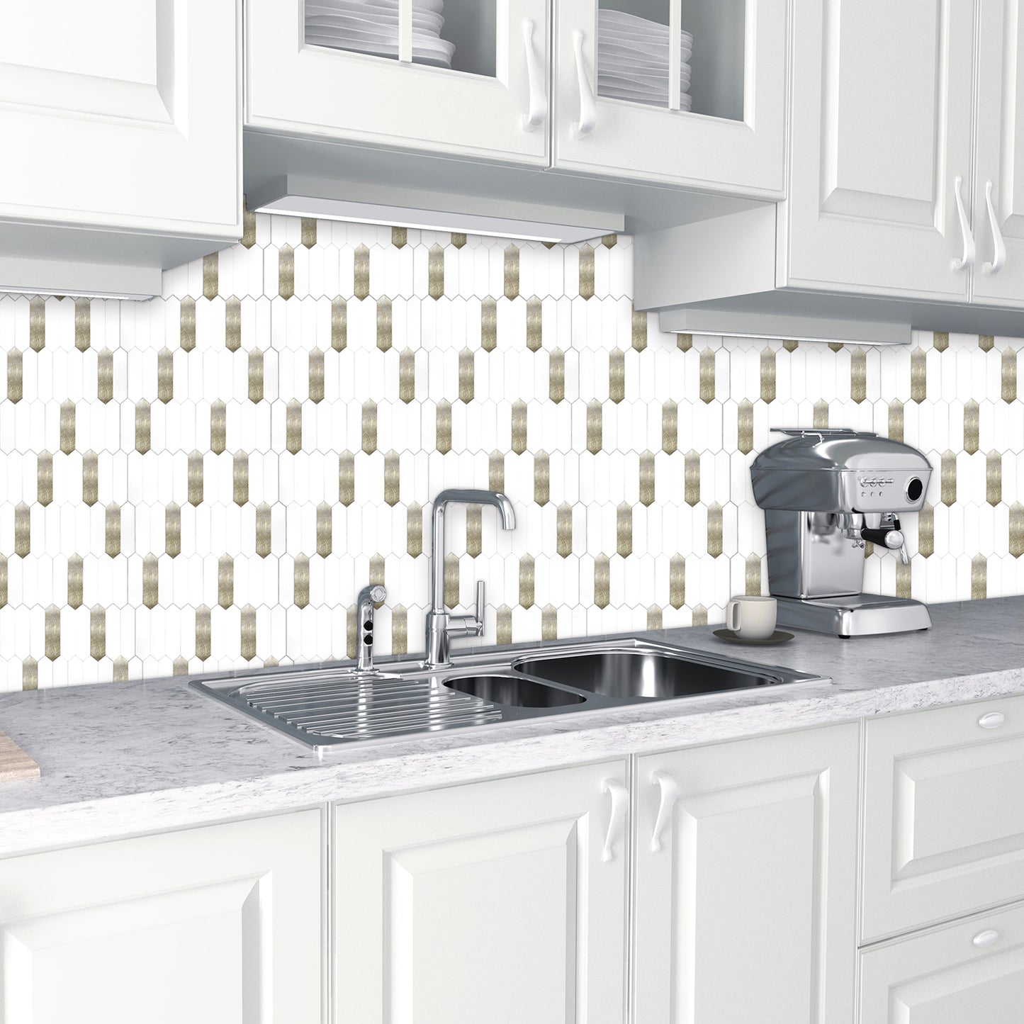 WJX-684 Luxus+++: luxuriöse und selbstklebende Küchenrückwand (Hochglanz Weiss- Gold 31cm x30cm x4mm) neues Modell 2025