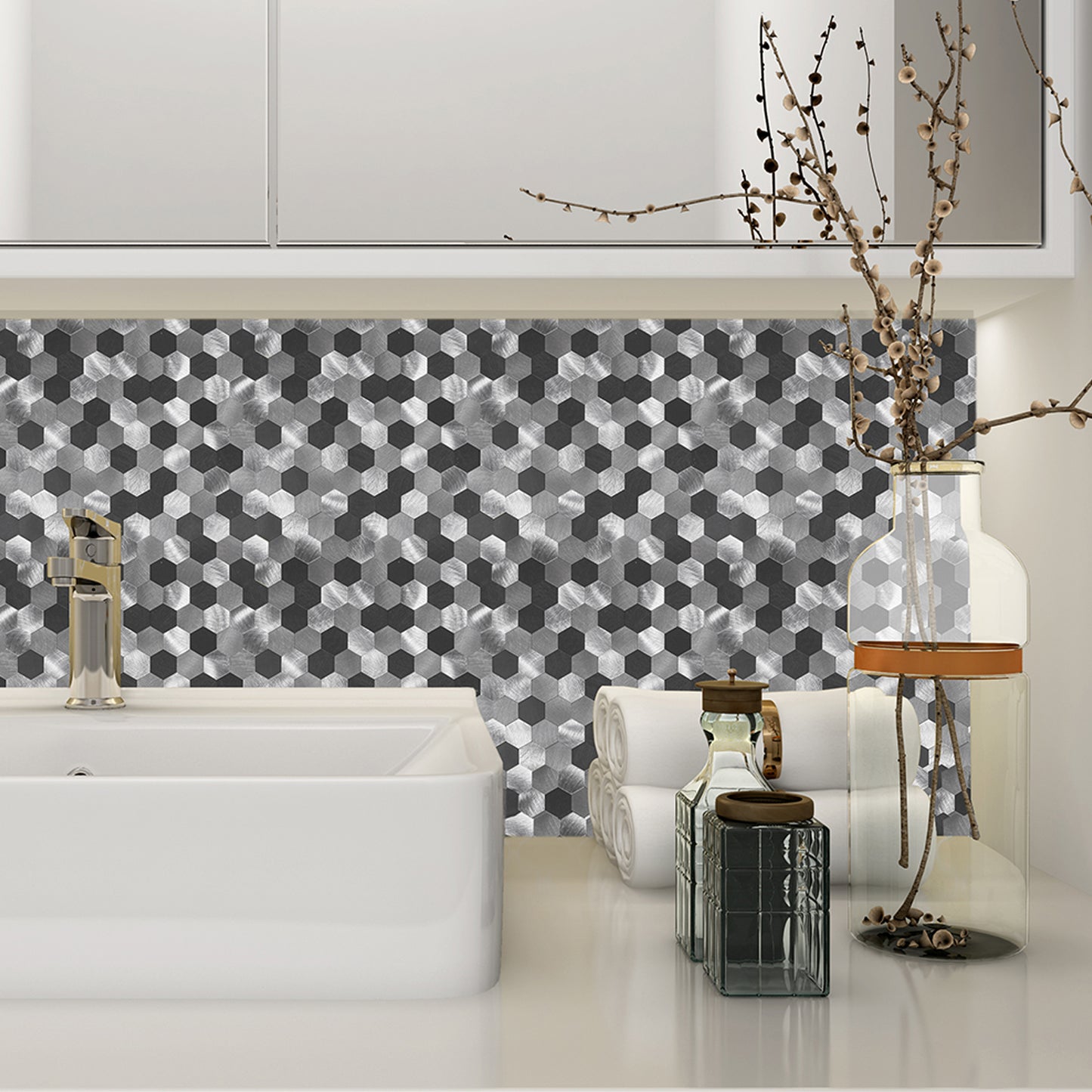 WJS-23 Luxus+++: luxuriöse und selbstklebende Küchenrückwand (Schwarz-Silber,29cm x29.5cm x4mm) neues Modell 2025