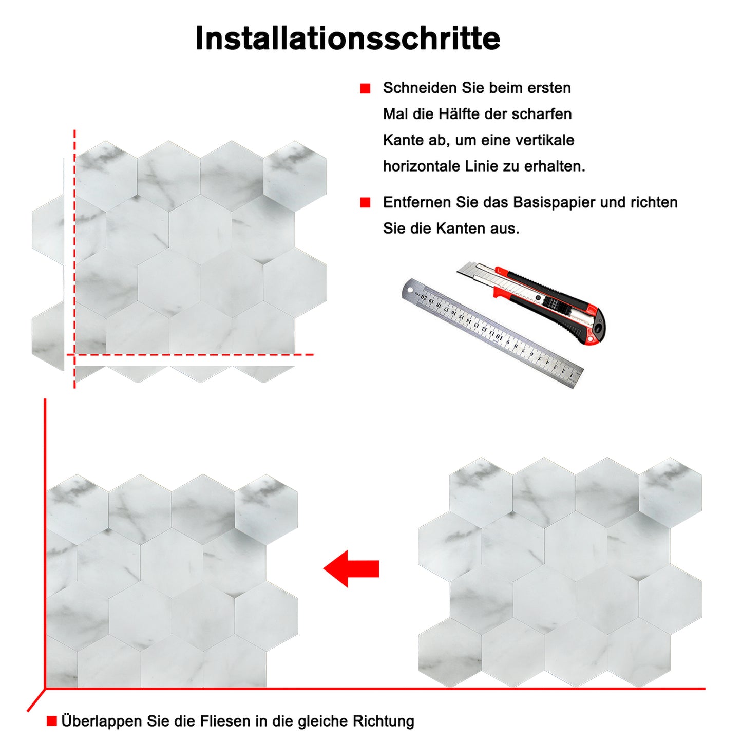WJS-6029 Luxus+++ : luxuriöse und selbstklebende Küchenrückwand (Weiss-Matt,29.2cm x25.5cm x3.3mm) neues Modell 2025