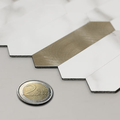 WJX-684 Luxus+++: luxuriöse und selbstklebende Küchenrückwand (Hochglanz Weiss- Gold 31cm x30cm x4mm) neues Modell 2025