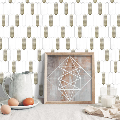 WJX-684 Luxus+++: luxuriöse und selbstklebende Küchenrückwand (Hochglanz Weiss- Gold 31cm x30cm x4mm) neues Modell 2025