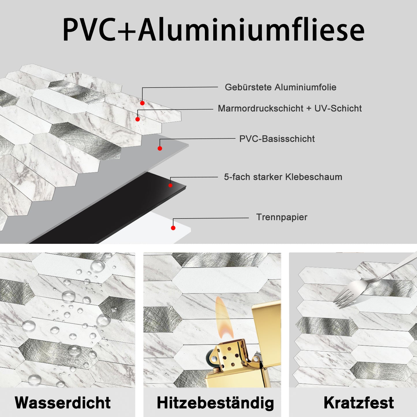 WJX-534 Luxus+++ :Luxuriöse und selbstklebende Küchenrückwand (Weiss-Silber,30.5cmx30cmx4mm) neues Modell 2025