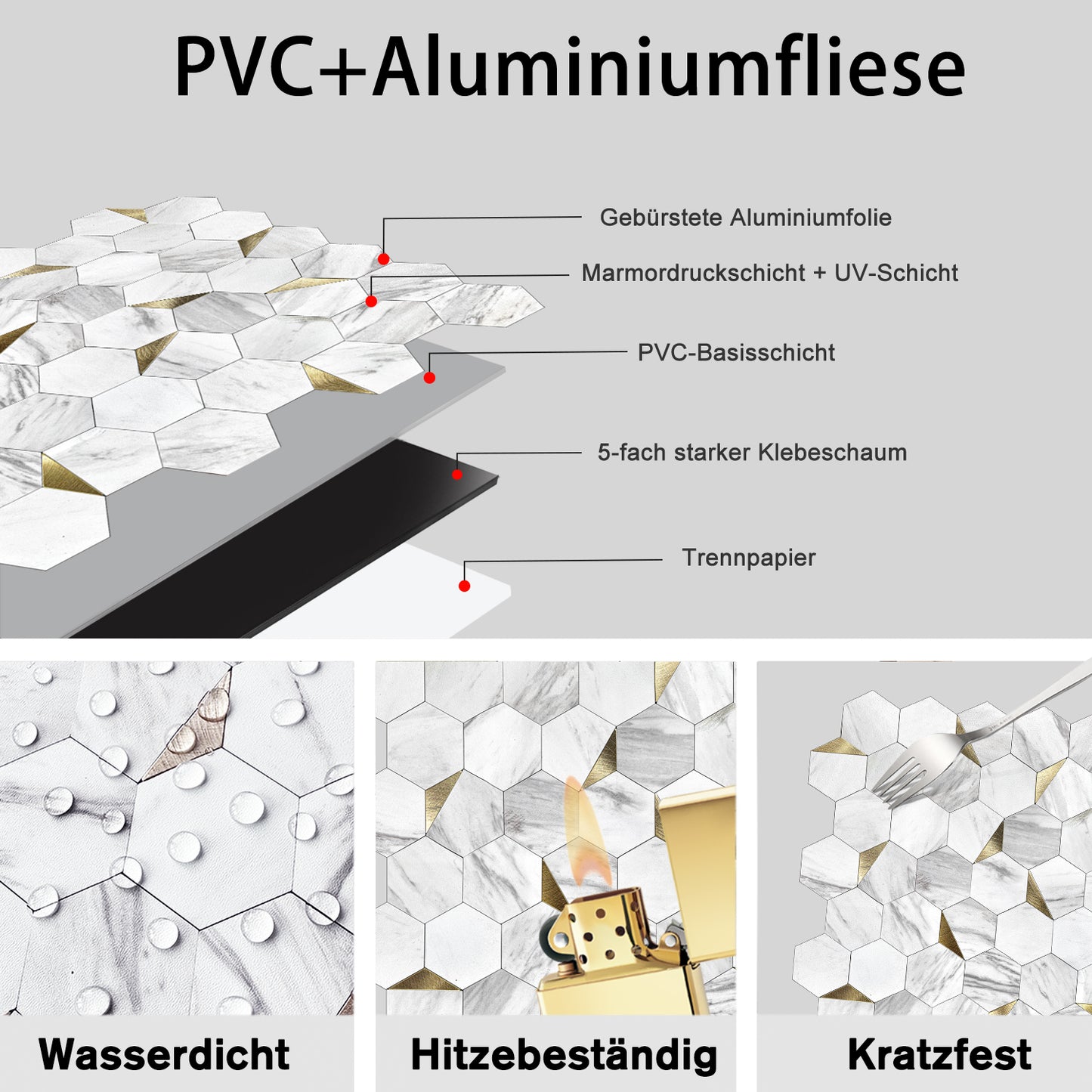 WJS-127 Luxus+++:luxuriöse und selbstklebende Küchenrückwand (Weiss-Gold,29cm x28.5cm x4mm) neues Modell 2025