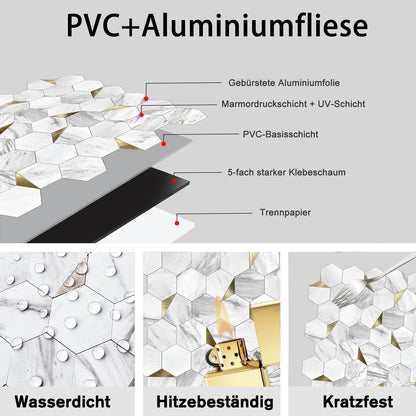 WJS-127 Luxus+++:luxuriöse und selbstklebende Küchenrückwand (Weiss-Gold,29cm x28.5cm x4mm) neues Modell 2025