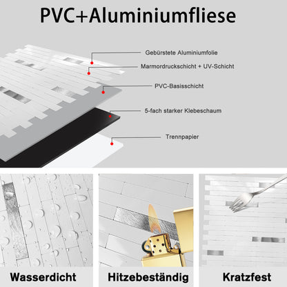 WJX-3116 Luxus+++ : luxuriöse und selbstklebende Küchenrückwand (Hochglanz Weiss-Silber,29cm x29.5cm x3.3mm) neues Modell 2025