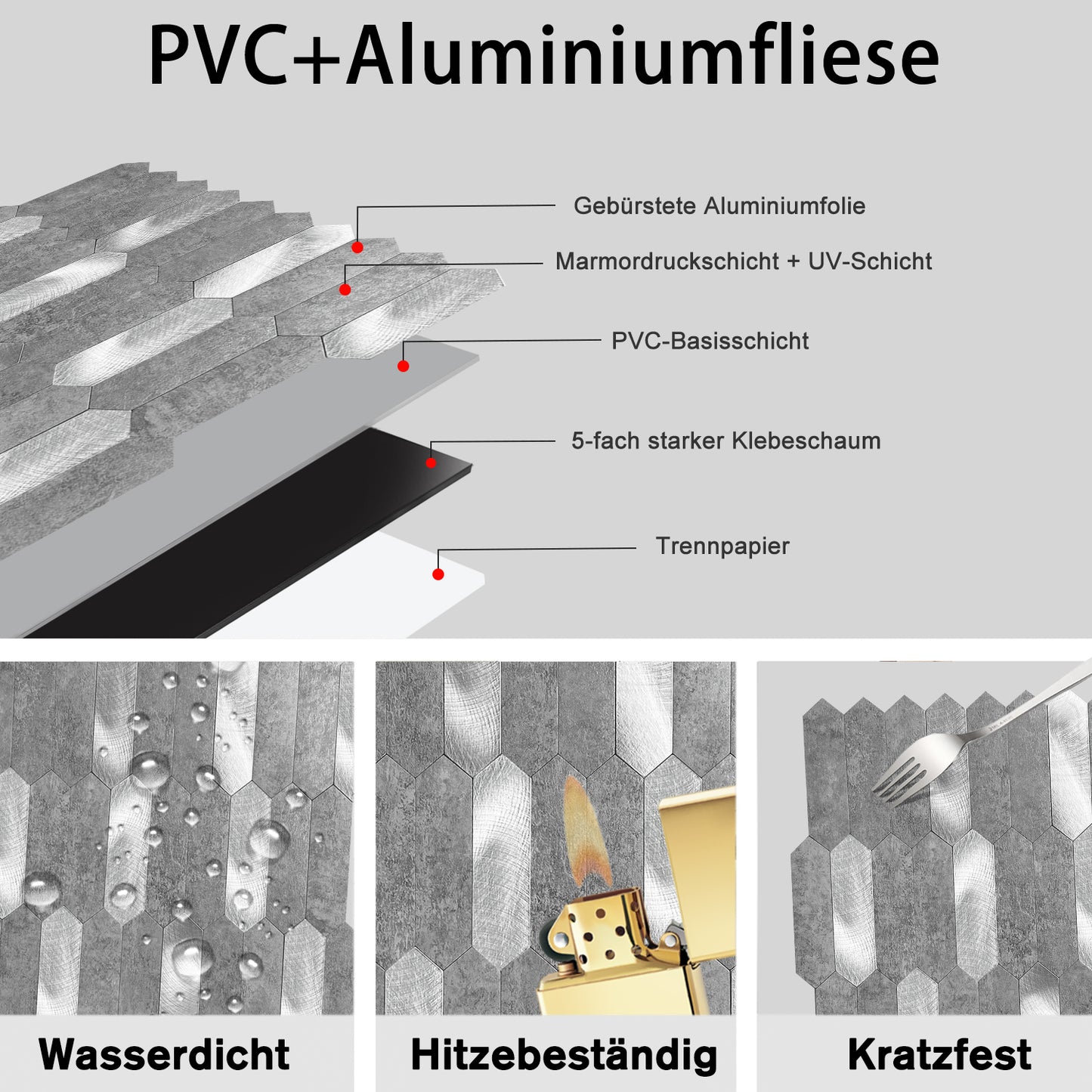 WJA-27 Luxus+++: luxuriöse und selbstklebende Küchenrückwand (Grau-Mamor Silber 31cm x30cm x4mm) neues Modell 2025