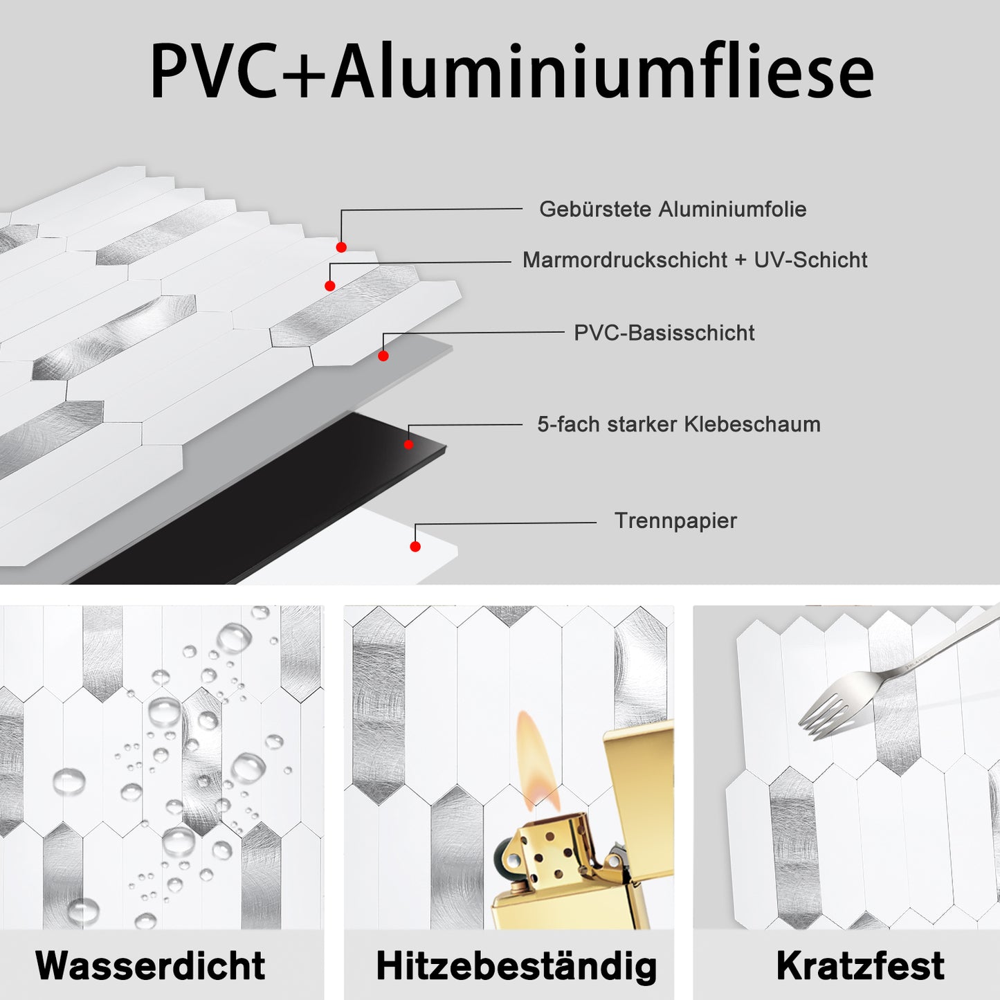 WJX-683 Luxus : luxuriöse und selbstklebende Küchenrückwand (Hochglanz Weiss-Matt Silber 31cm x30cm x4mm) neues Modell 2025