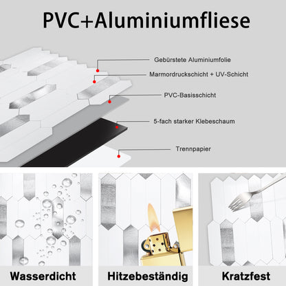 WJX-683 Luxus : luxuriöse und selbstklebende Küchenrückwand (Hochglanz Weiss-Matt Silber 31cm x30cm x4mm) neues Modell 2025