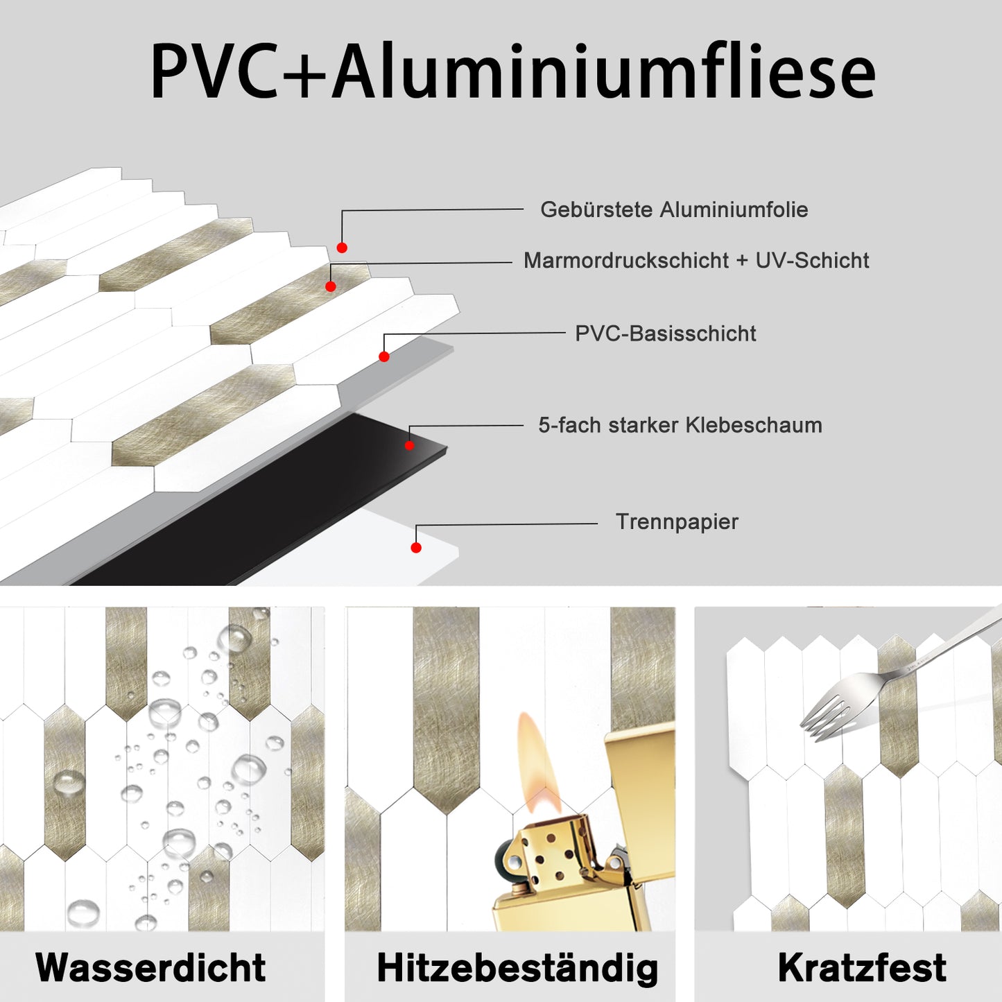 WJX-684 Luxus+++: luxuriöse und selbstklebende Küchenrückwand (Hochglanz Weiss- Gold 31cm x30cm x4mm) neues Modell 2025