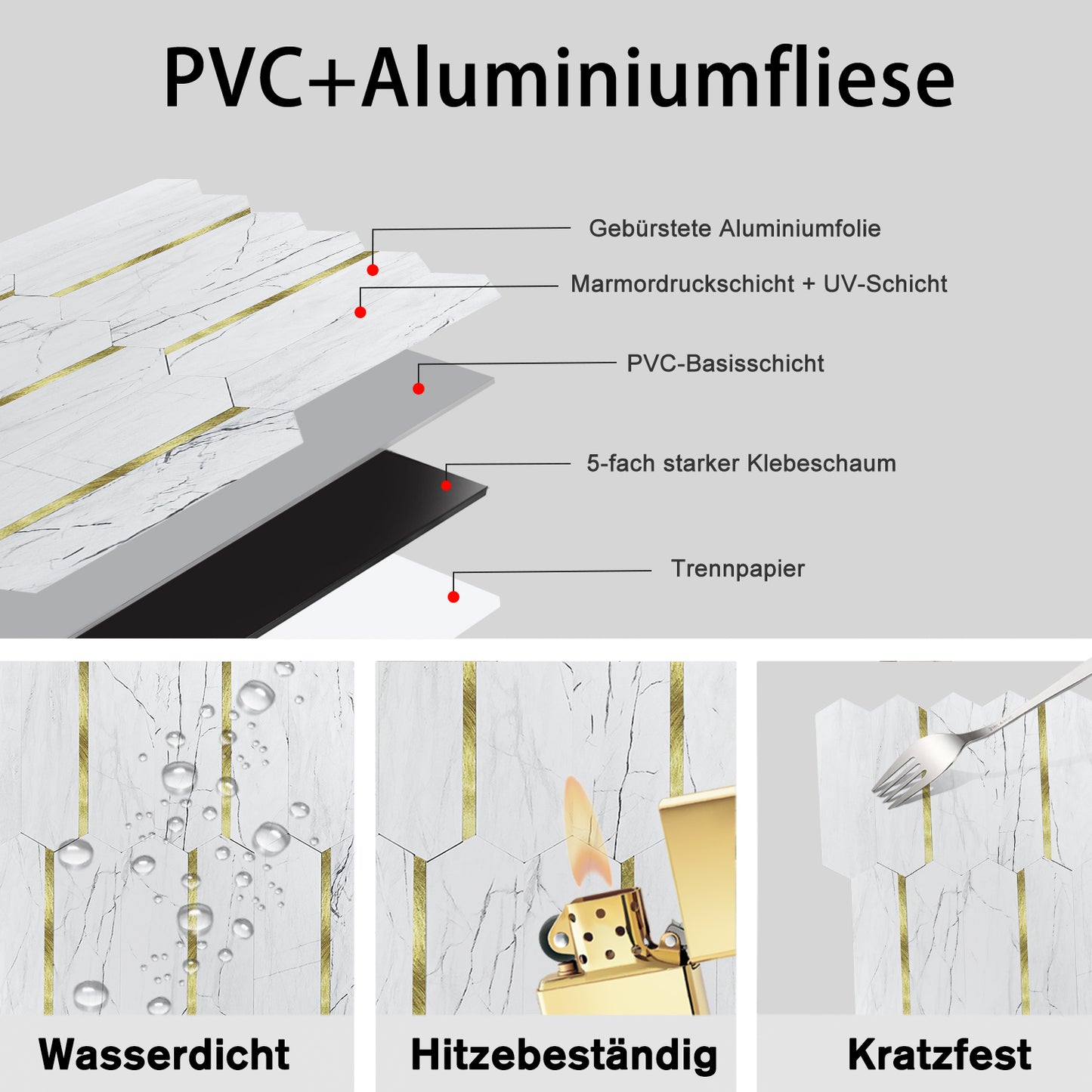 WJR-569 Luxus+++: luxuriöse und selbstklebende Küchenrückwand (Weiss-Matt Gold ,27cm x27cm x3.3mm) neues Modell 2025