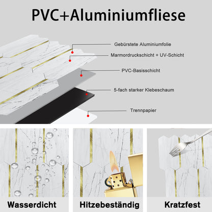 WJR-569 Luxus+++: luxuriöse und selbstklebende Küchenrückwand (Weiss-Matt Gold ,27cm x27cm x3.3mm) neues Modell 2025